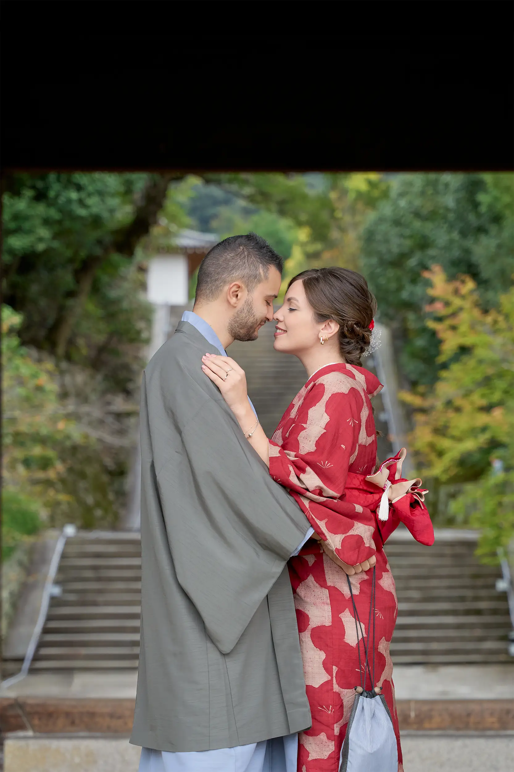 Newly engaged couple during the celebration shoot in Kyoto