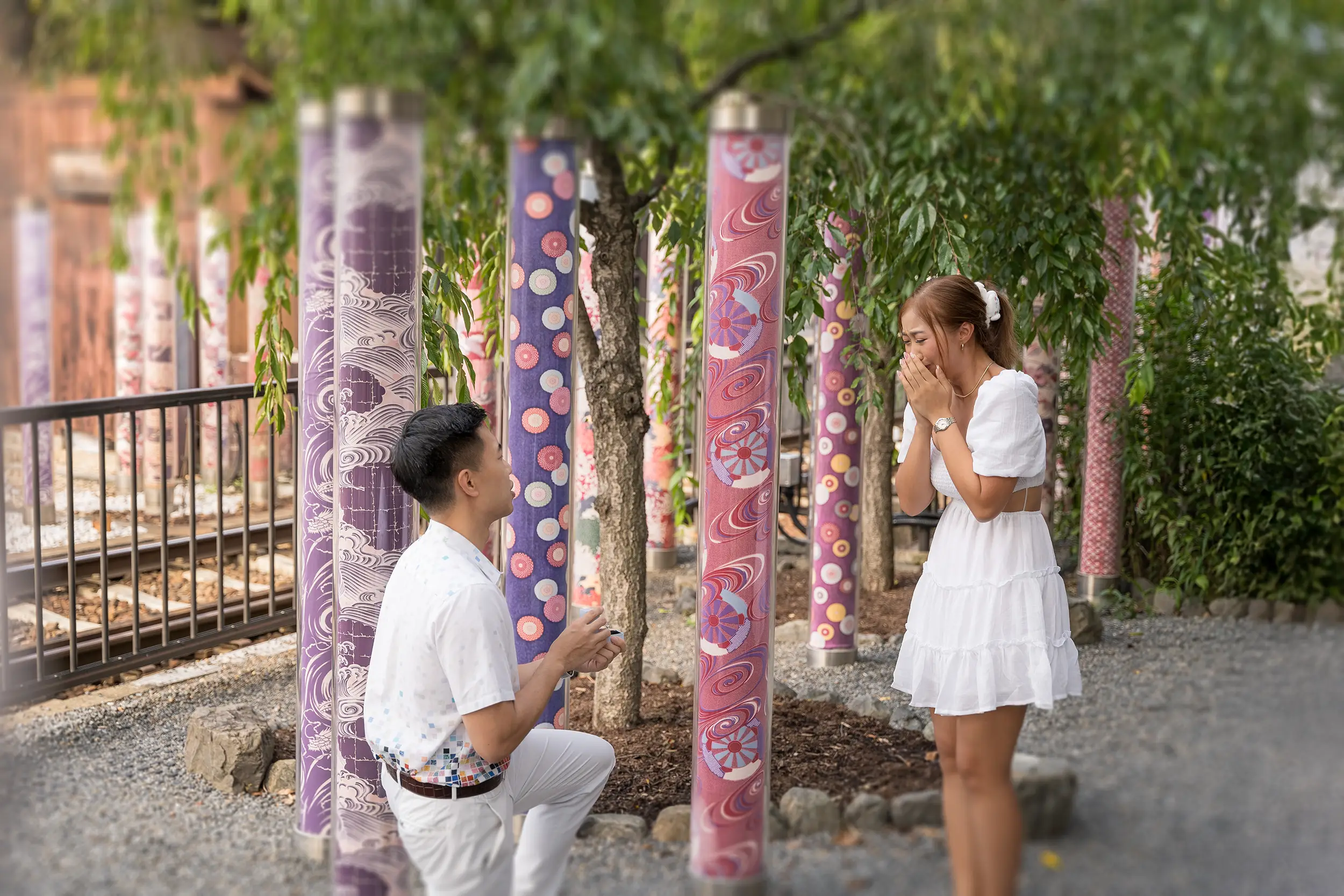 Reaction after the proposal during a Kyoto couple photo shoot